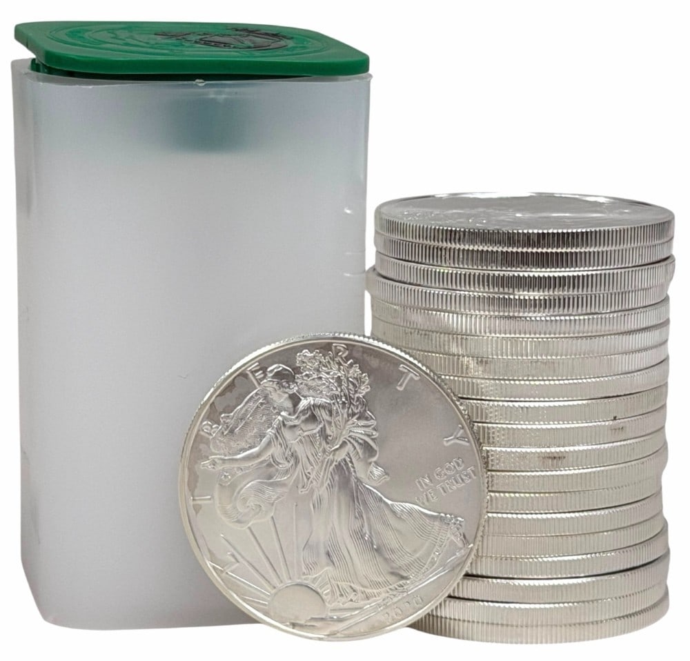 Roll Of Twenty 2020 United States Silver American Eagle 1 Ounce .999 Fine Silver Dollars: Roll Of Twenty 2020 United States Silver American Eagle 1 Ounce .999 Fine Silver Dollars. The coins are uncirculated in the original U.S. Mint plastic tube. Total weight 20 troy ounces of .999 fine si