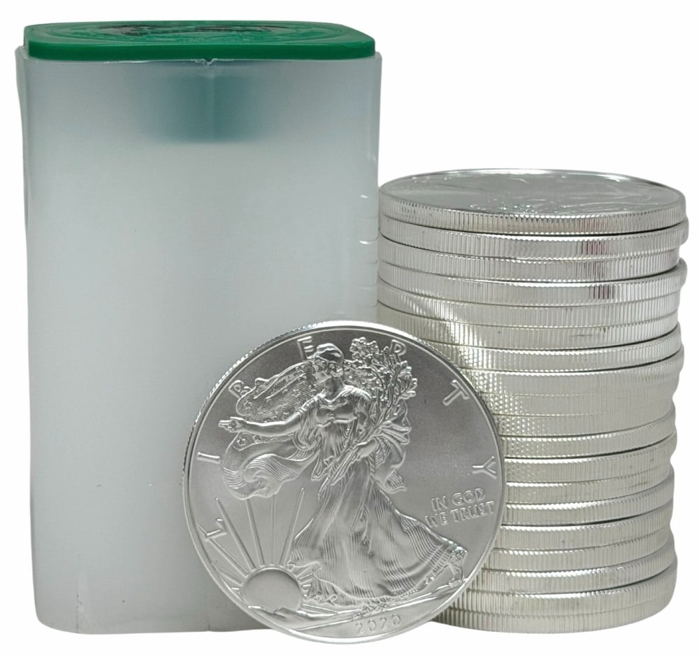 Roll Of Twenty 2020 United States Silver American Eagle 1 Ounce .999 Fine Silver Dollars: Roll Of Twenty 2020 United States Silver American Eagle 1 Ounce .999 Fine Silver Dollars. The coins are uncirculated in the original U.S. Mint plastic tube. Total weight 20 troy ounces of .999 fine si
