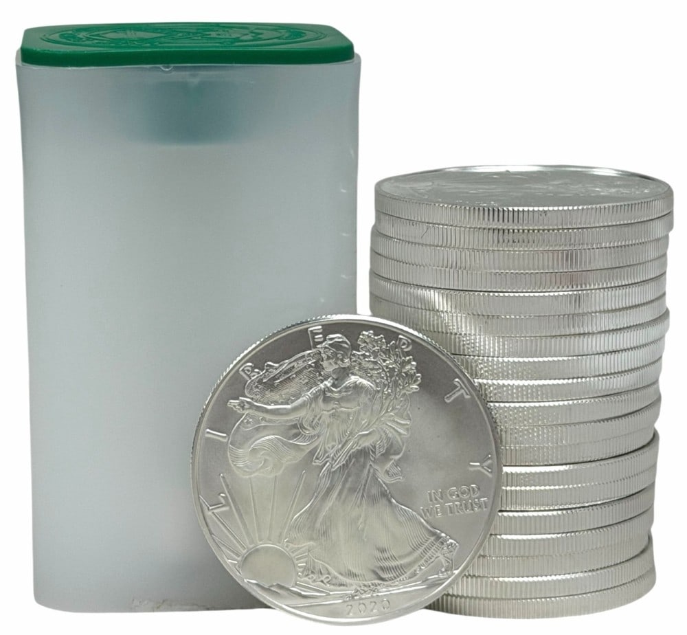 Roll Of Twenty 2020 United States Silver American Eagle 1 Ounce .999 Fine Silver Dollars: Roll Of Twenty 2020 United States Silver American Eagle 1 Ounce .999 Fine Silver Dollars. The coins are uncirculated in the original U.S. Mint plastic tube. Total weight 20 troy ounces of .999 fine si
