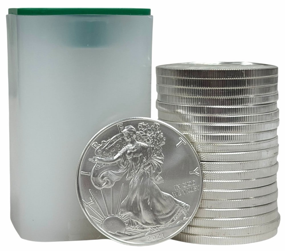 Roll Of Twenty 2021 United States Silver American Eagle 1 Ounce .999 Fine Silver Dollars: Roll Of Twenty 2021 United States Silver American Eagle 1 Ounce .999 Fine Silver Dollars. The coins are uncirculated in the original U.S. Mint plastic tube. Total weight 20 troy ounces of .999 fine si