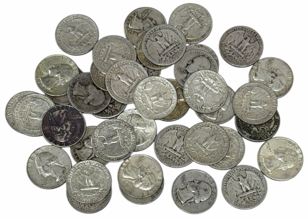 $10 Face Value Of Mixed Date 90% Silver Washington Quarters: $10 Face Value of Mixed Date 90% Silver Washington Quarters. 40 coins with mixed conditions, dates, and mint marks.