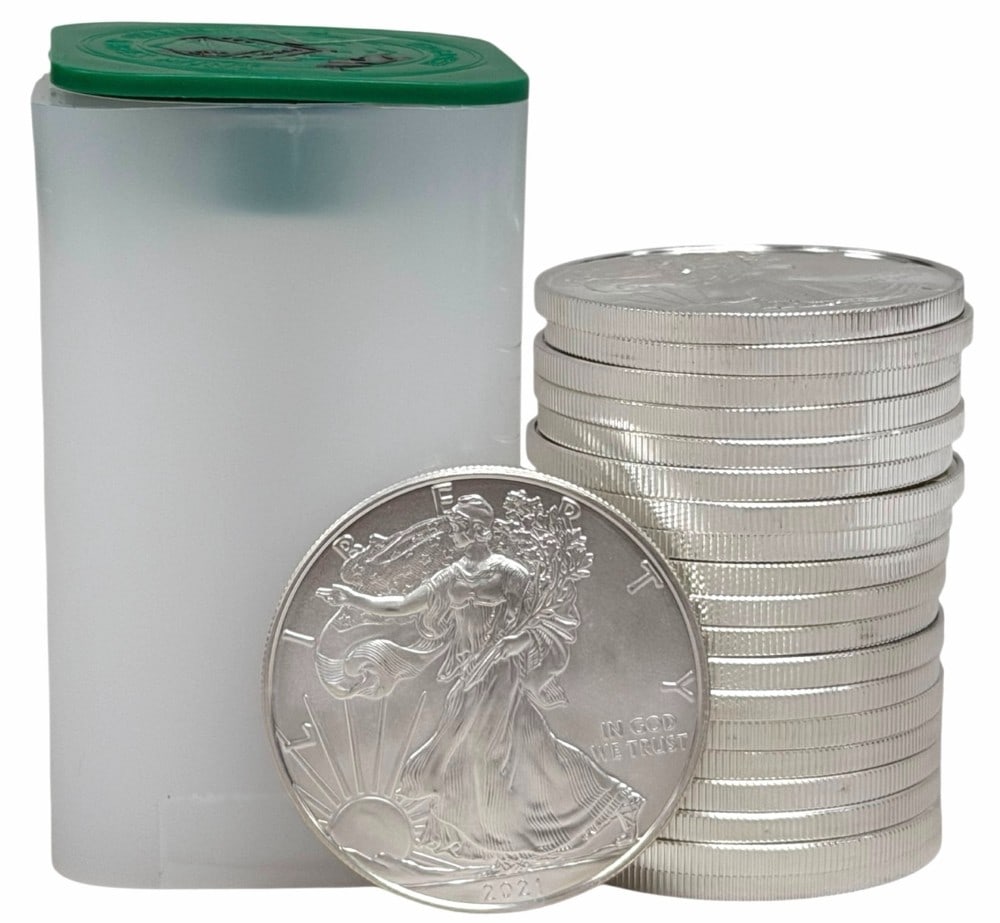 Roll Of Twenty 2021 United States Silver American Eagle 1 Ounce .999 Fine Silver Dollars: Roll Of Twenty 2021 United States Silver American Eagle 1 Ounce .999 Fine Silver Dollars. The coins are uncirculated in the original U.S. Mint plastic tube. Total weight 20 troy ounces of .999 fine si