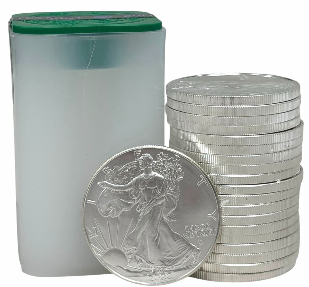 Roll Of Twenty 2022 Type 2 United States Silver American Eagle 1 Ounce .999 Fine Silver Dollars: Roll Of Twenty 2022 Type 2 United States Silver American Eagle 1 Ounce .999 Fine Silver Dollars. The coins are uncirculated in the original U.S. Mint plastic tube. Total weight 20 troy ounces of .999
