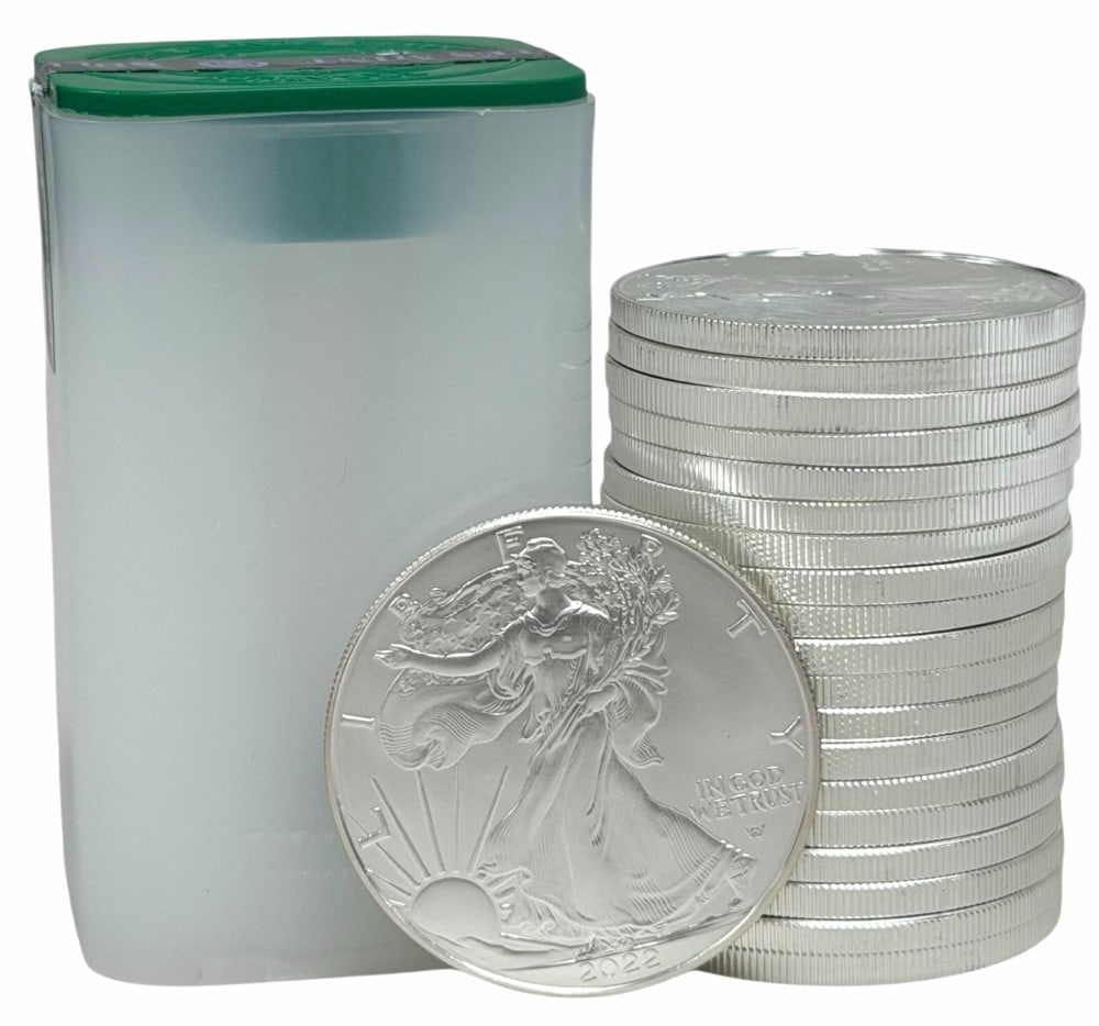 Roll Of Twenty 2022 Type 2 United States Silver American Eagle 1 Ounce .999 Fine Silver Dollars: Roll Of Twenty 2022 Type 2 United States Silver American Eagle 1 Ounce .999 Fine Silver Dollars. The coins are uncirculated in the original U.S. Mint plastic tube. Total weight 20 troy ounces of .999
