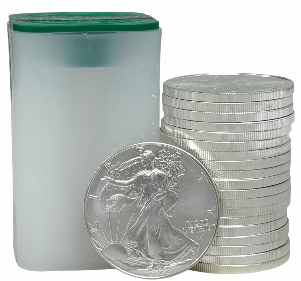 Roll Of Twenty 2022 Type 2 United States Silver American Eagle 1 Ounce .999 Fine Silver Dollars: Roll Of Twenty 2022 Type 2 United States Silver American Eagle 1 Ounce .999 Fine Silver Dollars. The coins are uncirculated in the original U.S. Mint plastic tube. Total weight 20 troy ounces of .999