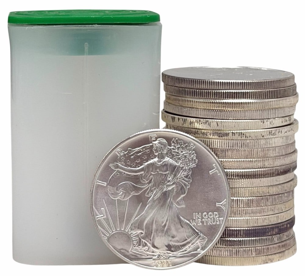 Roll Of Twenty Mixed Date United States Silver American Eagle 1 Ounce .999 Fine Silver Dollars: Roll Of Twenty Mixed Date United States Silver American Eagle 1 Ounce .999 Fine Silver Dollars. Dates range from 1986 to 2004. The coins are uncirculated in a U.S. Mint plastic tube. Total weight 20 t