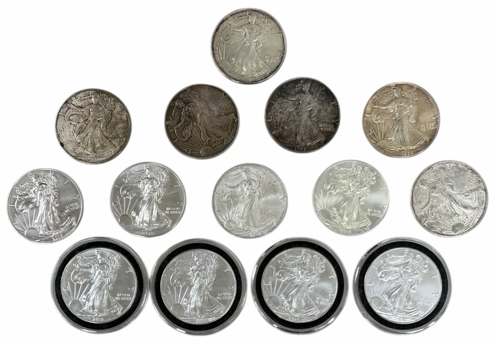 Lot Of 14 Mixed Date United States Silver American Eagle 1 Ounce .999 Fine Silver Dollars: Lot Of 14 Mixed Date United States Silver American Eagle 1 Ounce .999 Fine Silver Dollars. Dates range from 1988 to 2019. Total weight 14 troy ounces of .999 fine silver.