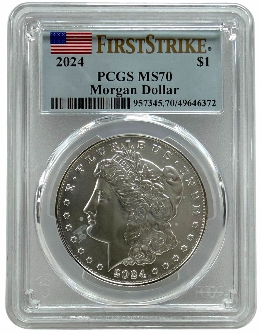 2024 United States Morgan Silver Dollar PCGS MS 70 First Strike: 2024 United States Morgan Silver Dollar. The dollar is graded MS 70 First Strike by PCGS. The coin is .999 fine silver and contains .859 troy ounces of pure silver.
