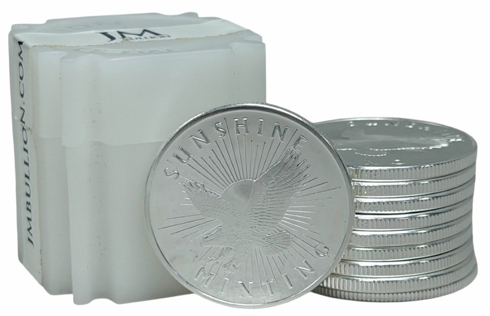 Roll Of Ten Sunshine Minting Eagle .999 Fine Silver One Ounce Rounds: Roll Of Ten Sunshine Minting .999 Fine Silver One Ounce Rounds. New condition in Coin Safe tube. Ten troy ounces of pure silver.