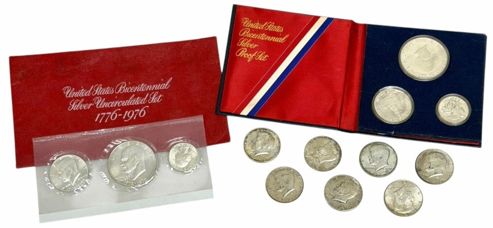 $7.00 Face Value Of United States 40% Silver Coin& Sets: $7.00 Face Value Of United States 40% Silver Coin & Sets. Includes two 1976 Bicentennial 3 piece sets, uncirculated and proof, and seven Kennedy half dollars.