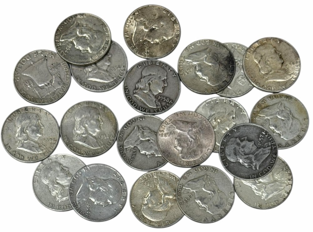 $10 Face Value Of Mixed Date 90% Silver Franklin Half Dollars: $10 Face Value of Mixed Date 90% Silver Franklin Half Dollars. 20 coins with mixed conditions, dates, and mint marks.