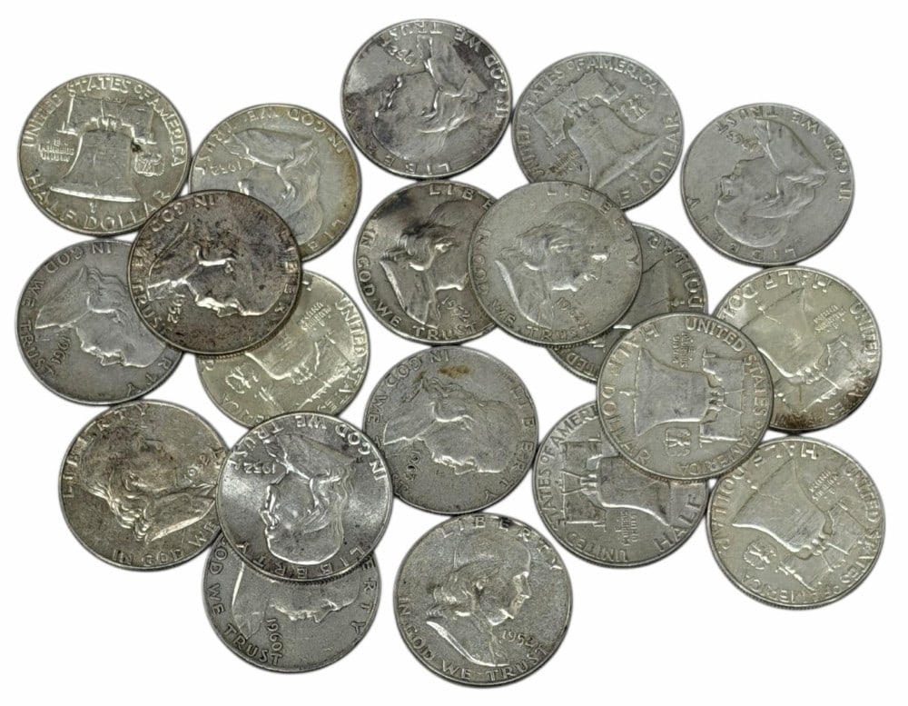 $10 Face Value Of Mixed Date 90% Silver Franklin Half Dollars: $10 Face Value of Mixed Date 90% Silver Franklin Half Dollars. 20 coins with mixed conditions, dates, and mint marks.