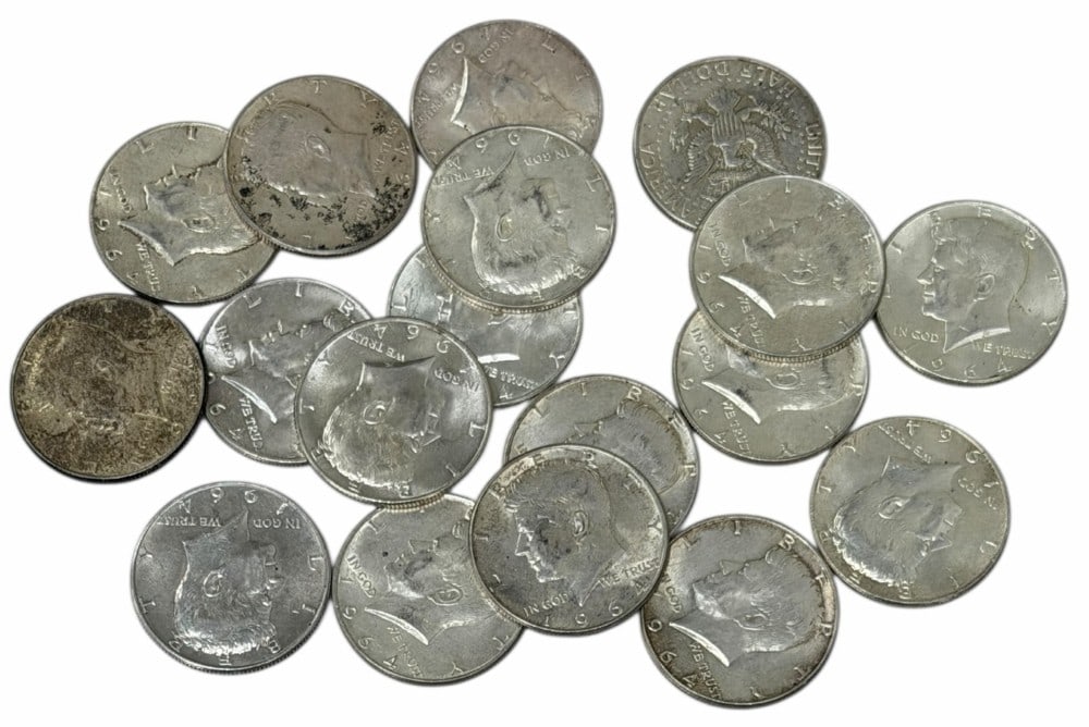 $9 Face Value Of Mixed Date 90% Silver 1964 Kennedy Half Dollars: $9 Face Value of Mixed Date 90% Silver 1964 Kennedy Half Dollars. 18 coins with mixed conditions, dates, and mint marks.