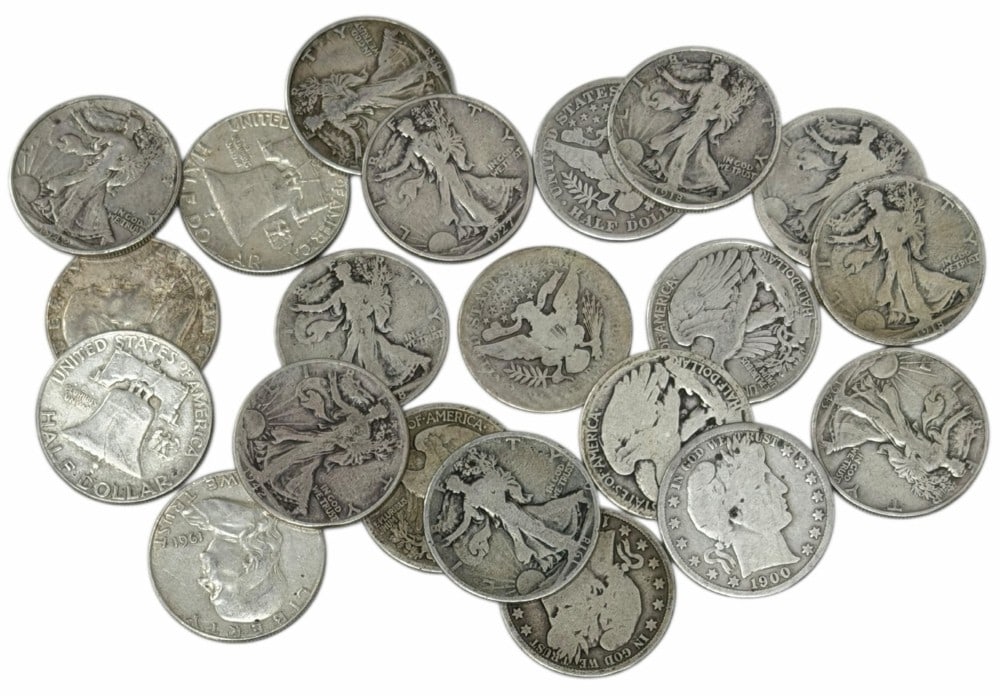 $10.50 Face Value Of Mixed Date 90% Silver United States Half Dollars: $10.50 Face Value of Mixed Date 90% Silver United States Half Dollars. 21 coins with mixed conditions, dates, and mint marks. Includes Barber, Walking Liberty, and Franklin half dollars.
