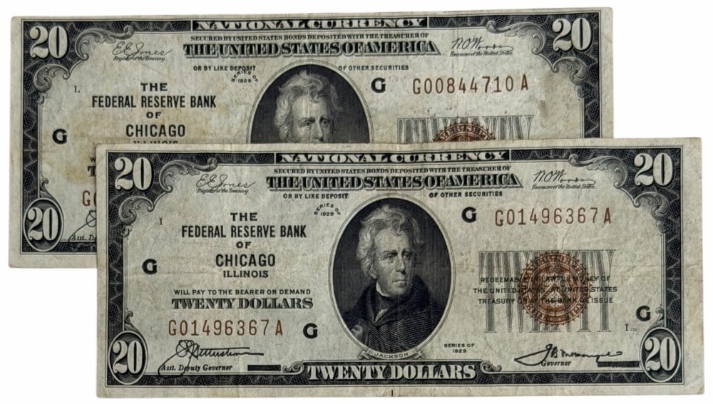 (2) Series Of 1929 United States $20 Federal Reserve Bank Of Chicago National Currency Notes: (2) Series Of 1929 United States $20 Federal Reserve Bank Of Chicago National Currency Notes. The notes are in circulated condition, serial numbers G00844710 A & G0496367 A.
