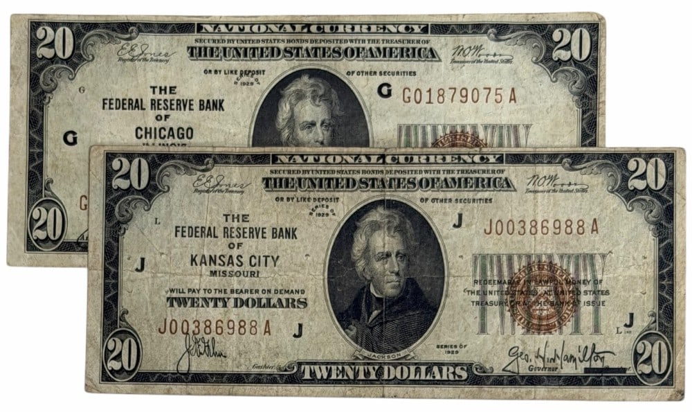 (2) 1929 United States $20 Federal Reserve Bank Of Chicago & Kansas City National Currency Notes: (2) Series Of 1929 United States $20 Federal Reserve Bank Of Chicago & Kansas City National Currency Notes. The notes are in circulated condition, Chicago serial number G01879075 A & Kansas City J0038