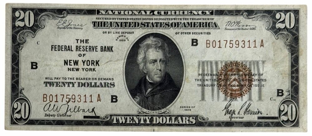 Series Of 1929 United States $20 Federal Reserve Bank Of New York National Currency Note: Series Of 1929 United States $20 Federal Reserve Bank Of New York National Currency Note. The note is in circulated condition, serial number B01759311 A.