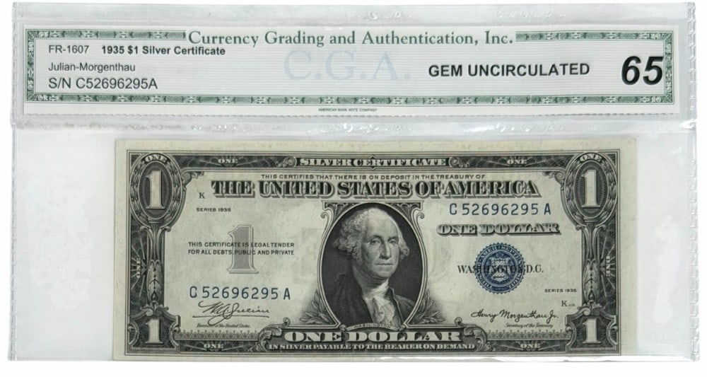 Series 1935 United States $1 Silver Certificate CGA Gem Uncirculated 65 (1 of 2)