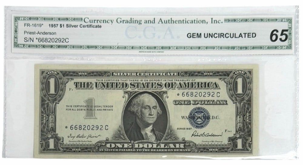 Series 1957 United States $1 Silver Certificate Star Note CGA Gem Uncirculated 65 (1 of 2)