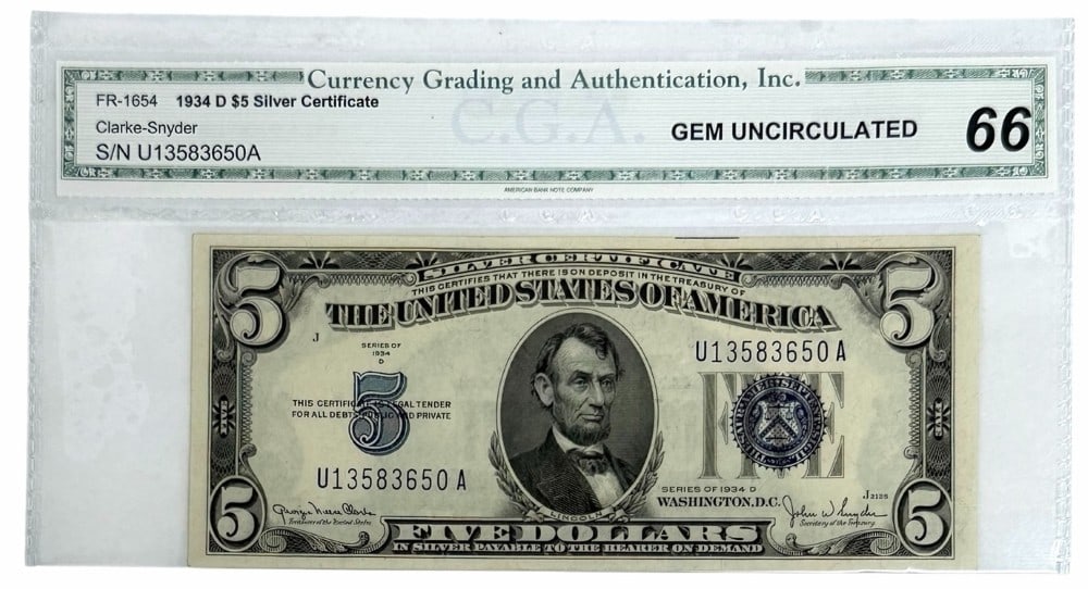 Series Of 1934-D United States $5 Silver Certificate CGA Gem Uncirculated 65 (1 of 2)