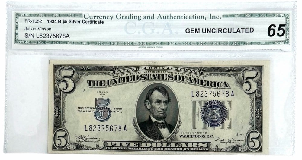 Series Of 1934-B United States $5 Silver Certificate CGA Gem Uncirculated 65 (1 of 2)