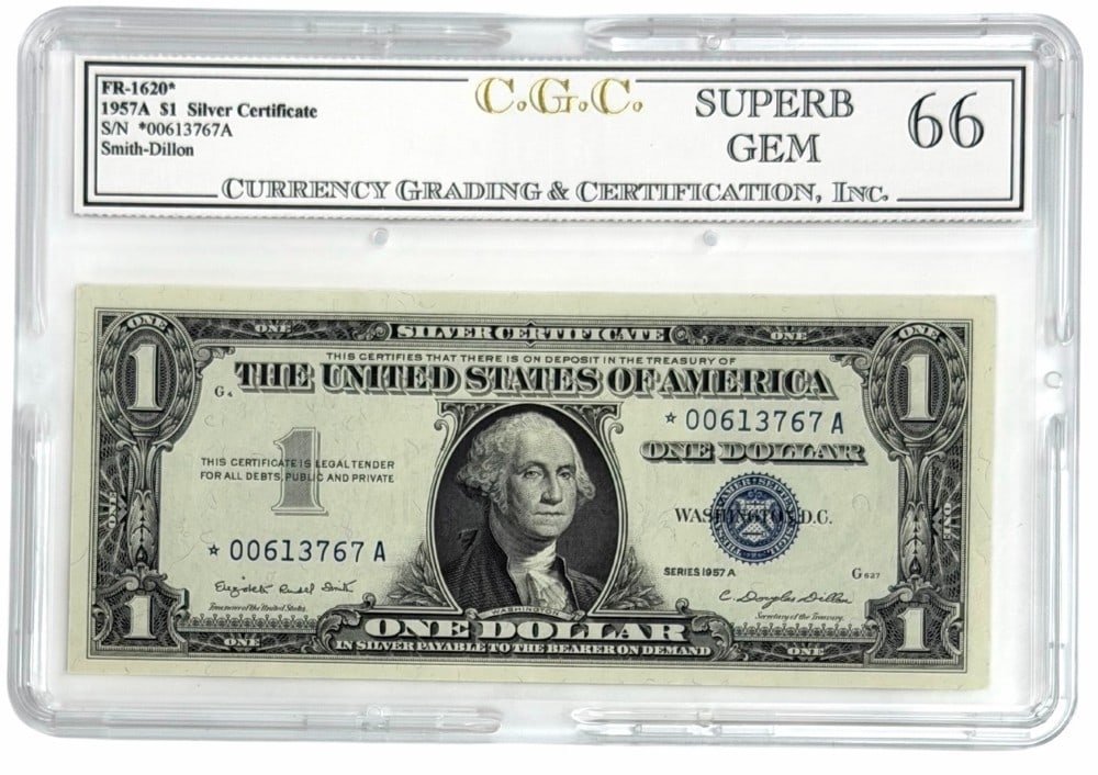 Series Of 1957-A United States $1 Silver Certificate Star Note CGC Superb Uncirculated 66: Series Of 1957-A United States $5 Silver Certificate Star Note. The note is graded Superb Uncirculated 66 by CGC and is serial number is *00613767 A .
