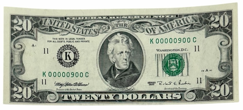 1995 United States $20 Federal Reserve Note Fancy Serial # K 00000900 C (1 of 4)
