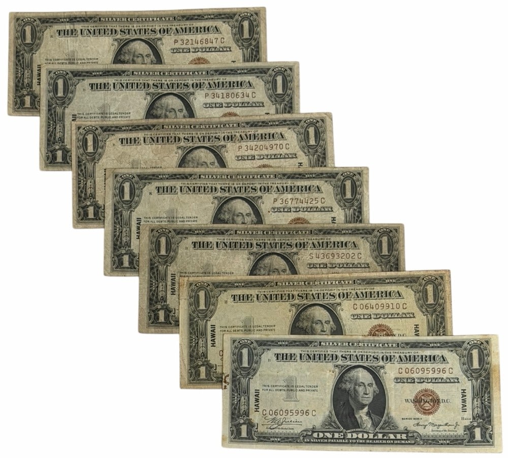 (7) 1935-A United States $1.00 Hawaii Emergency Silver Certificates (1 of 5)