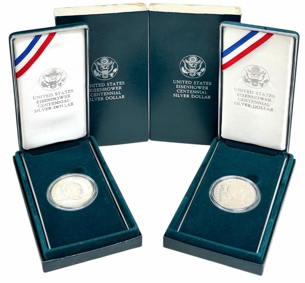 (2) U.S. Mint 1990 Eisenhower Centennial Commemorative Proof & Uncirculated Silver Dollars (1 of 5)