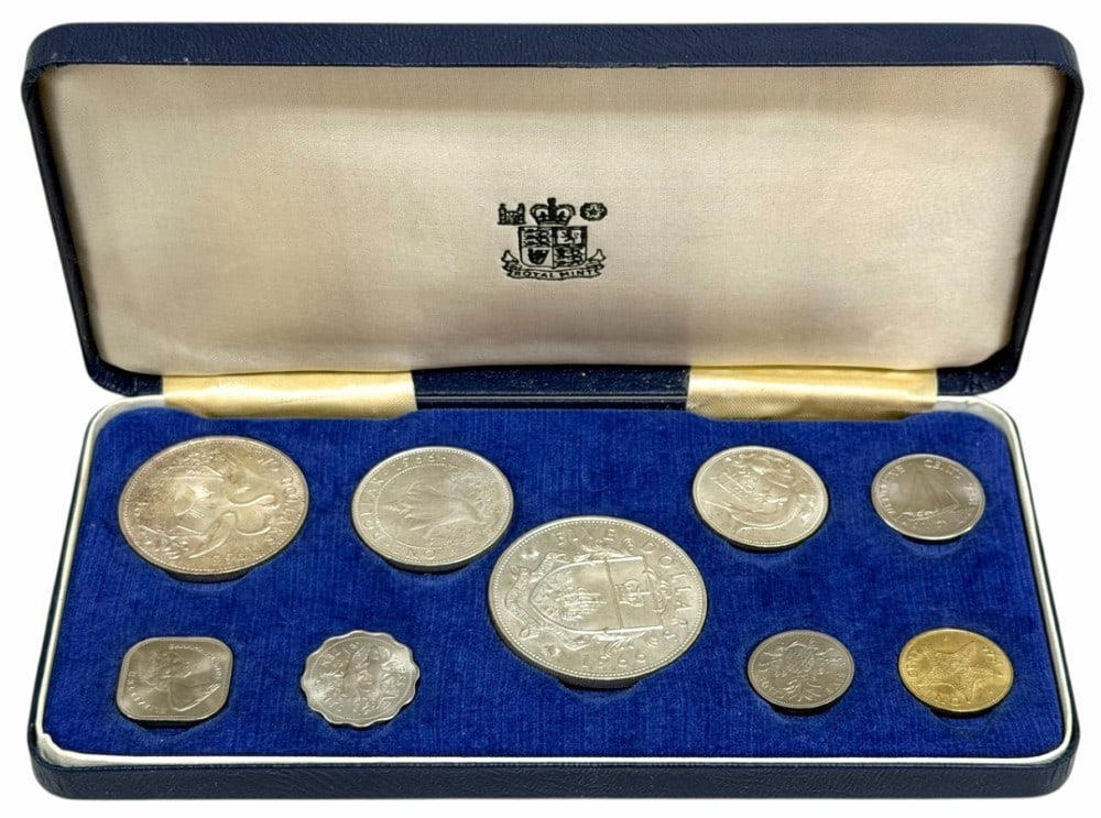 1966 Bahamas 9-Coin Uncirculated Set 2.8721 Ounces Of Silver: 1966 Bahamas 9-Coin Uncirculated Set. The $5 coin is .925 fine and contains 1.2526 troy ounces of pure silver, the $2 coin is .925 fine and contains .8862 troy ounces of pure silver, the $1 coin is .8