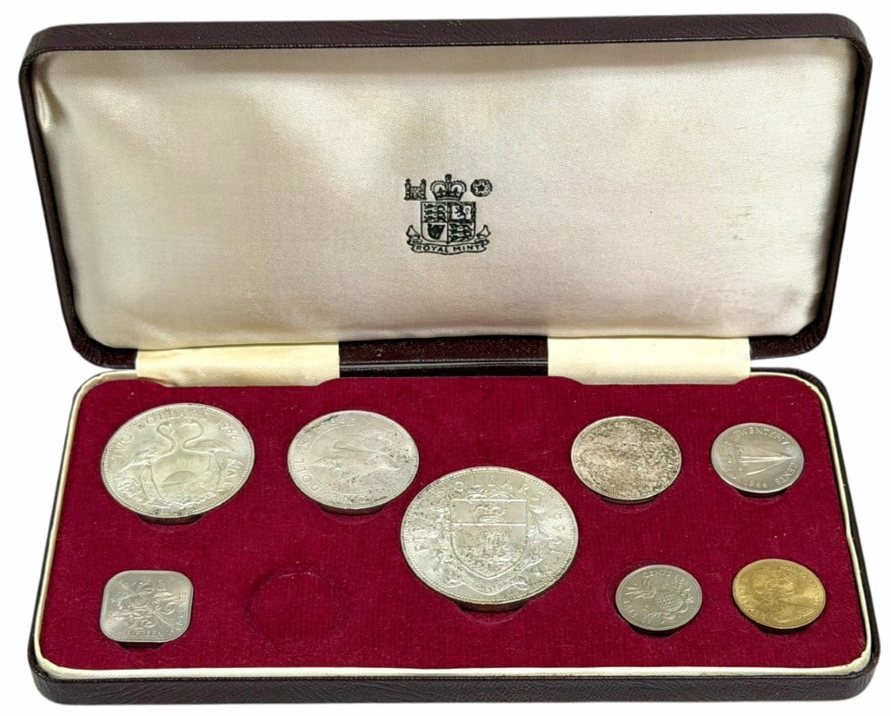 1966 Bahamas 8-Coin Uncirculated Set 2.8721 Ounces Of Silver: 1966 Bahamas 8-Coin Uncirculated Set. The $5 coin is .925 fine and contains 1.2526 troy ounces of pure silver, the $2 coin is .925 fine and contains .8862 troy ounces of pure silver, the $1 coin is .8