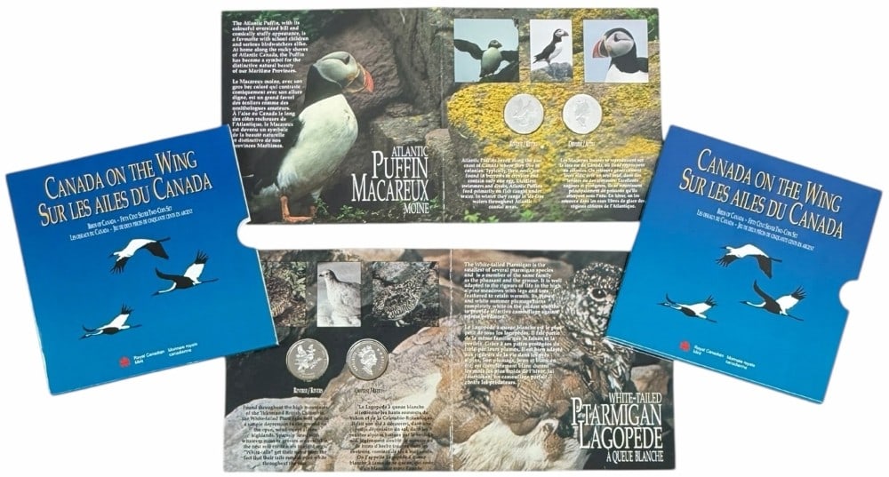 1995 Canada On The Wing Silver Commemorative Half Dollar 4 Piece Proof Coin Set: 1995 Canada On The Wing Commemorative Silver Half Dollar 4 Piece Proof Coin Set. The set includes four sterling silver half dollars featuring birds of Canada. The set comes in the original Mint packag