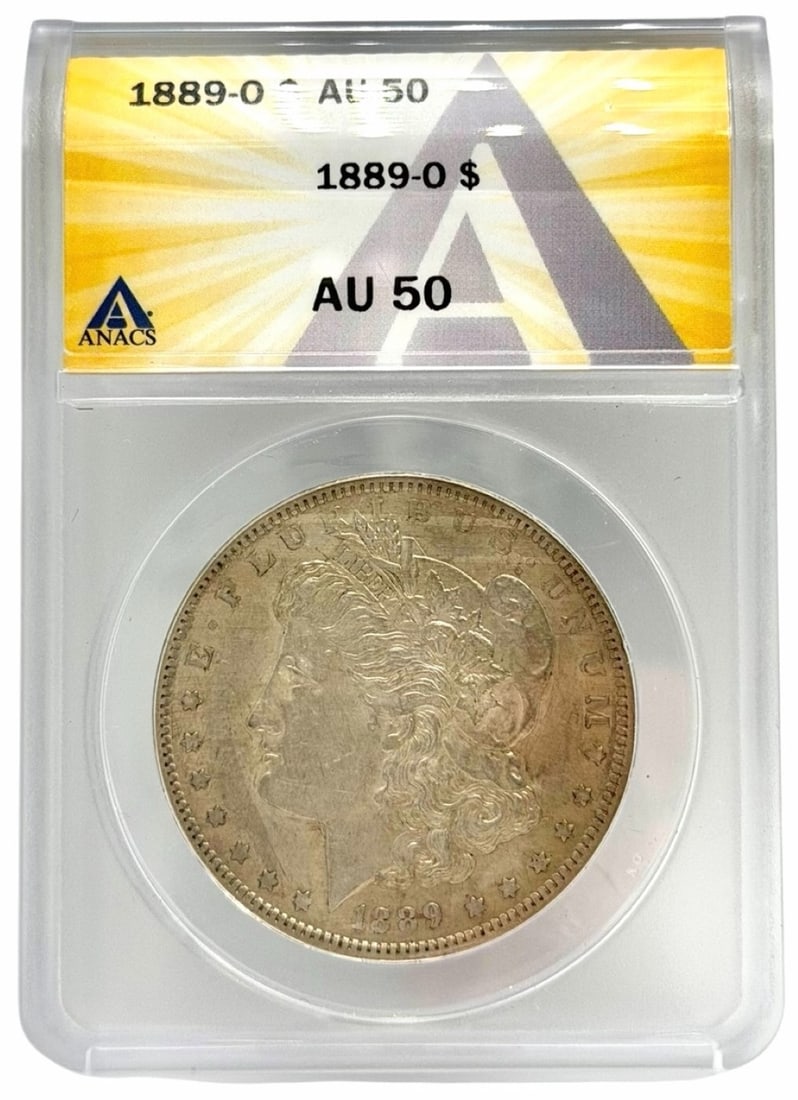1889-O United States Morgan Silver Dollar ANACS AU 50: 1889-O United States Morgan Silver Dollar graded AU 50 by ANACS.