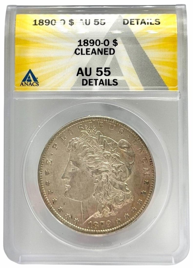 1890-O United States Morgan Silver Dollar ANACS Cleaned AU 55 Details: 1890-O United States Morgan Silver Dollar graded Cleaned AU 55 Details by ANACS.