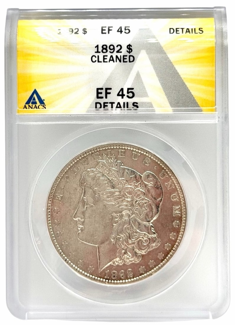 1892 United States Morgan Silver Dollar ANACS Cleaned EF 45 Details: 1892 United States Morgan Silver Dollar graded Cleaned EF 45 Details by ANACS.