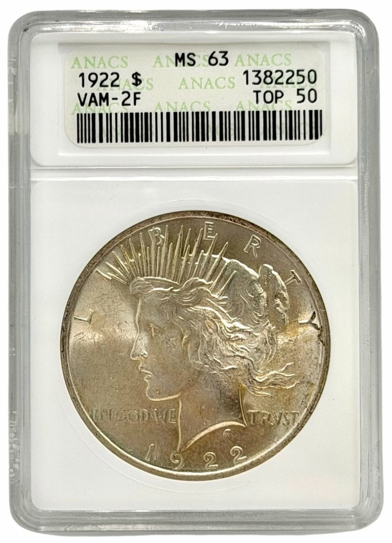1922 United States Peace Silver Dollar ANACS VAM-2F Top 50 MS 63: 1922 United States Peace Silver Dollar graded VAM-2F Top 50 MS 63 by ANACS.