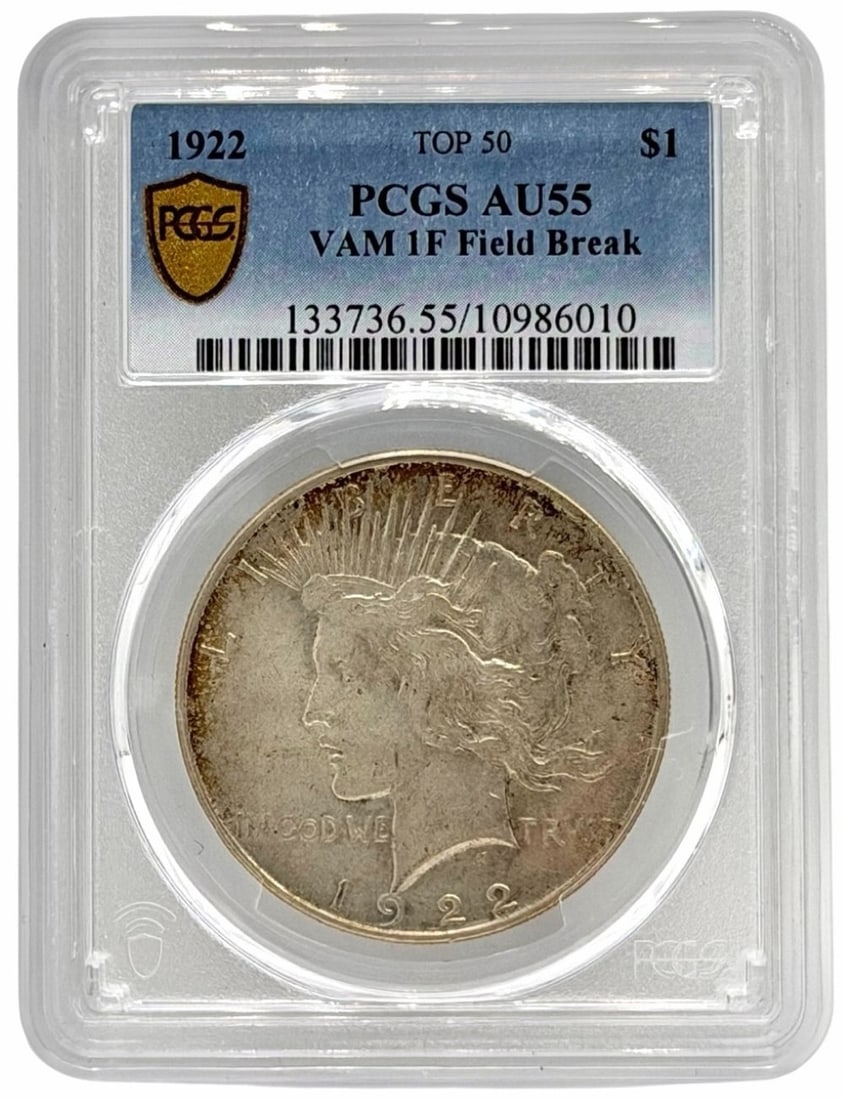 1922 United States Peace Silver Dollar PCGS AU 55 VAM 1F Field Break: 1922 United States Peace Silver Dollar graded AU 55 VAM 1F Field Break by PCGS.