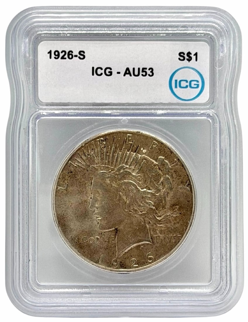 1926-S United States Peace Silver Dollar ICG AU 53: 1926-S United States Peace Silver Dollar graded AU 53 by ICG.