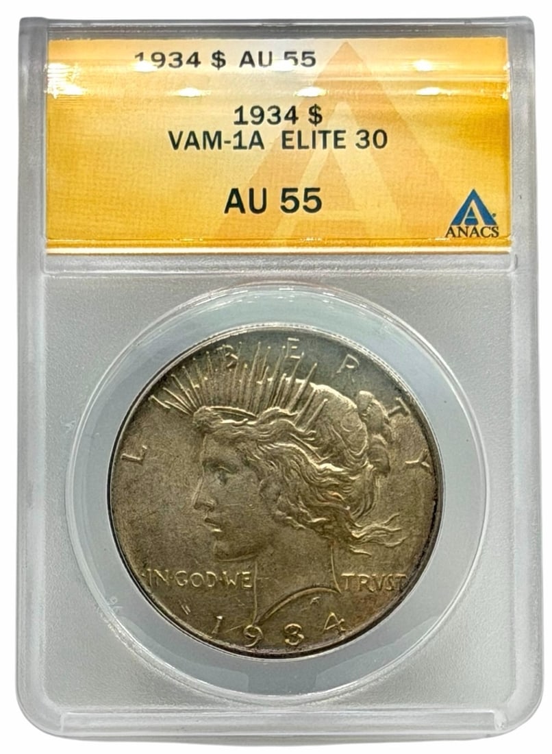 1934 United States Peace Silver Dollar ANACS VAM-1A Elite 30 AU 55: 1934 United States Peace Silver Dollar graded VAM-1A Elite 30 AU 55 by ANACS.