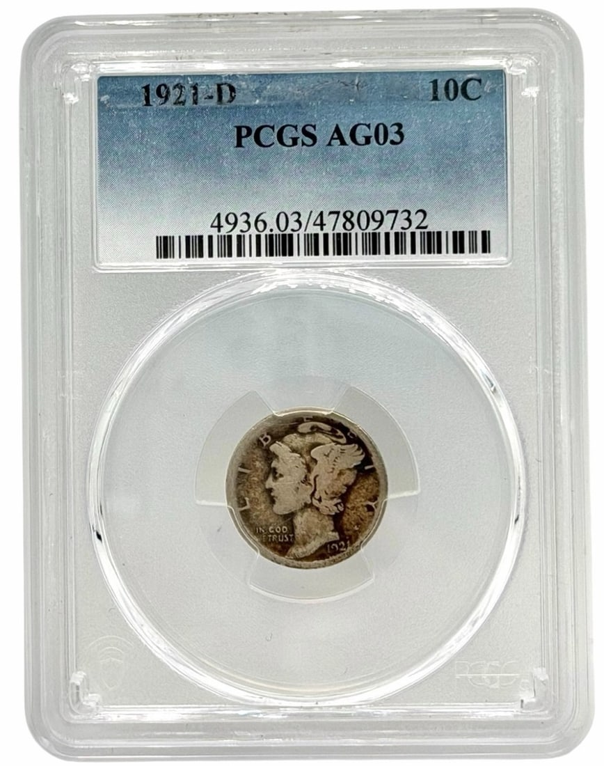 Key Date 1921-D United States Mercury Dime PCGS AG 03: Key Date 1921-D United States Mercury Dime graded AG 03 by PCGS.