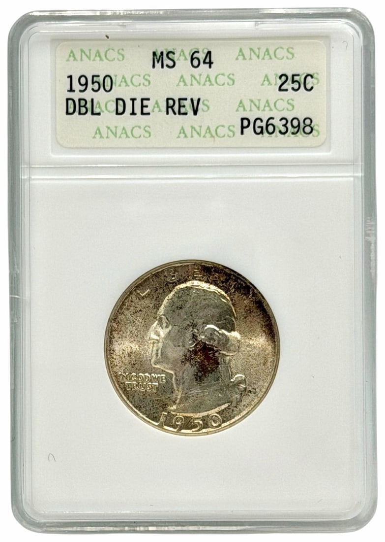 1950 United States Washington Quarter ANACS MS 64 Double Die Reverse: 1950 United States Washington Quarter graded MS 64 Double Die Reverse by ANACS.