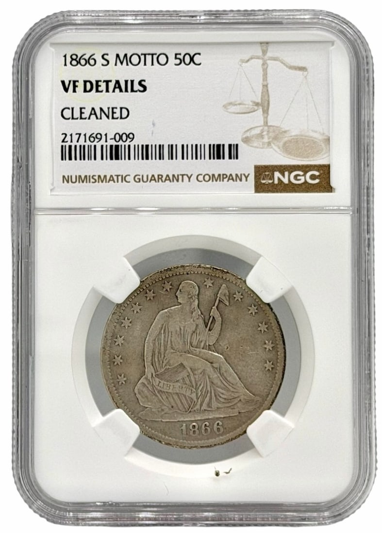 1866-S Motto United States Seated Liberty Half Dollar NGC VF Details Cleaned (1 of 2)