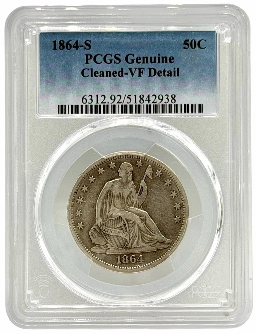 1864-S United States Seated Liberty Half Dollar PCGS Genuine Cleaned VF Detail: 1864-S United States Seated Liberty Half Dollar graded Genuine Cleaned VF Detail by PCGS.