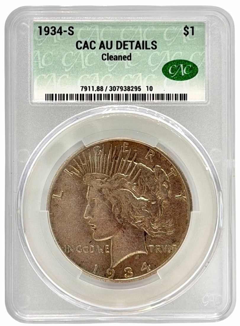 1934-S United States Peace Silver Dollar CAC AU Details Cleaned: 1934-S United States Peace Silver Dollar graded AU Details Cleaned by CAC.