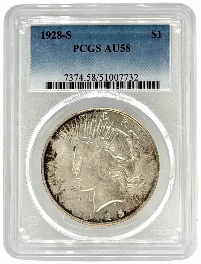 1928-S United States Peace Silver Dollar PCGS AU 58: 1928-S United States Peace Silver Dollar graded AU 58 by PCGS.
