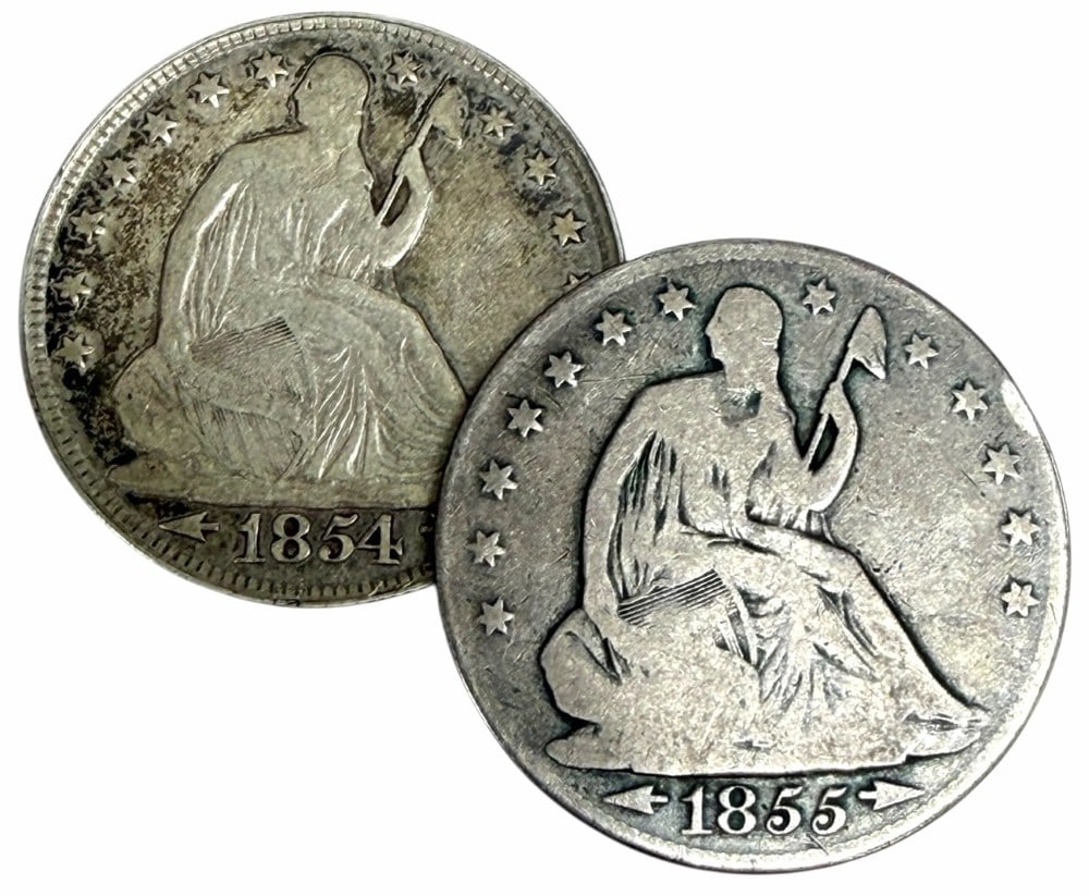 1854 Arrows & 1855-O Arrows United States Liberty Seated Silver Half Dollars: 1854 Arrows & 1855-O Arrows United States Liberty Seated Silver Half Dollars. Circulated condition coins.