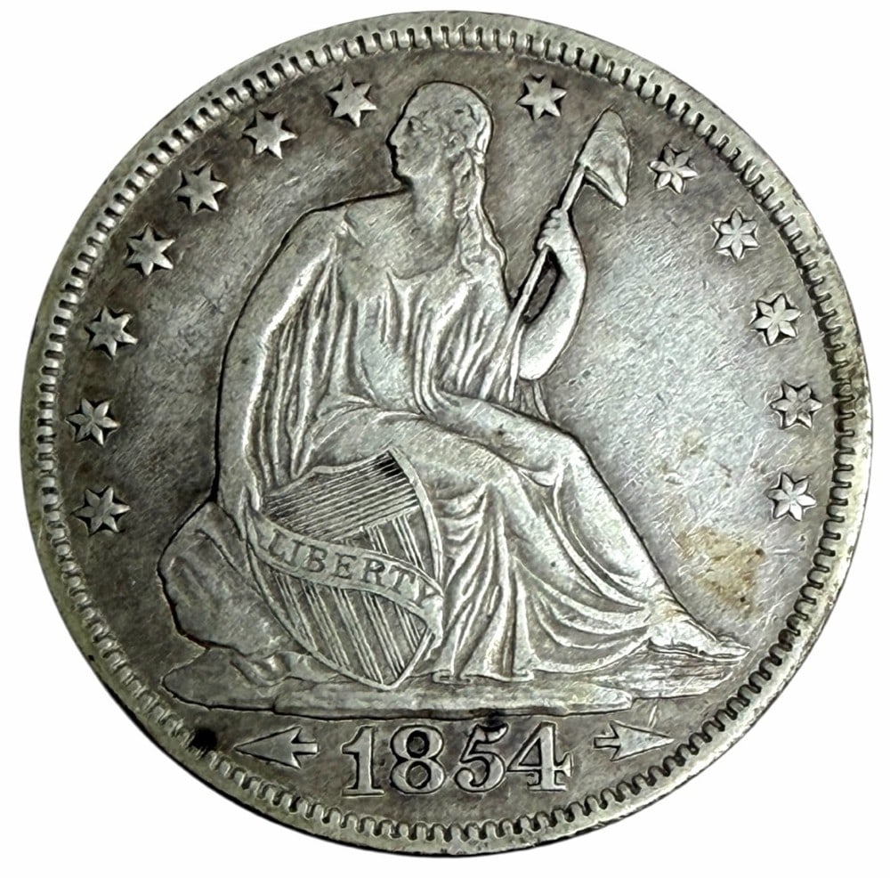 1854 Arrows United States Liberty Seated Silver Half Dollar: 1854 Arrows United States Liberty Seated Silver Half Dollar. Better circulated condition coin.