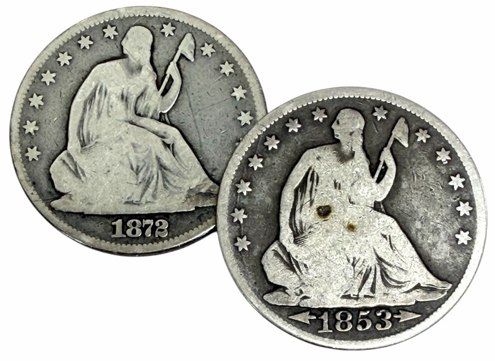 1853 Arrows/Rays & 1872 United States Liberty Seated Silver Half Dollars: 1853 Arrows/Rays & 1872 United States Liberty Seated Silver Half Dollars. Circulated condition coins.