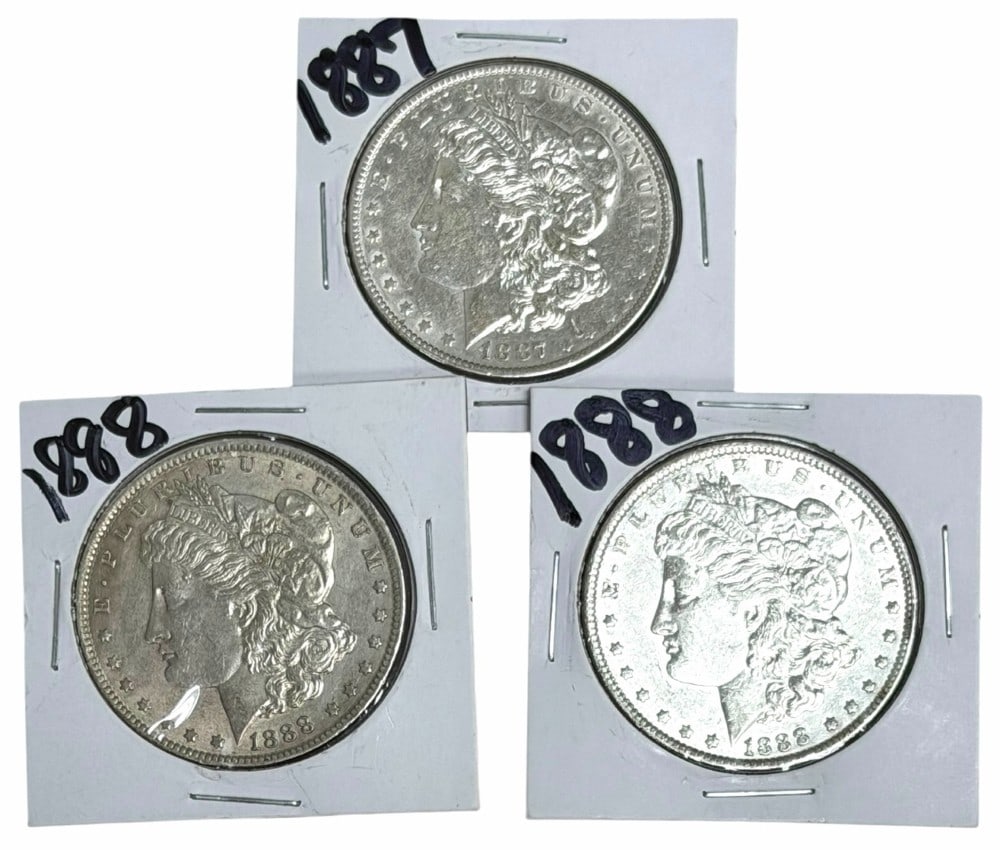 (1) 1887 & (2) 1888 United States Morgan Silver Dollars: (1) 1887 & (2) 1888 United States Morgan Silver Dollars. Better condition coins.