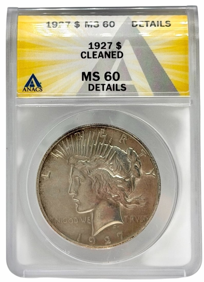 1927 United States Peace Silver Dollar ANACS Cleaned MS 60 Details: 1927 United States Peace Silver Dollar graded Cleaned MS 60 Details by ANACS.